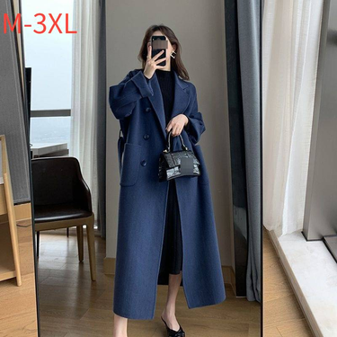 Women's Plus Size Long Wool Coat With Belt, Oversized Trench Coat For Curvy Ladies, Warm Winter Overcoat In Navy & Black_voghion.com