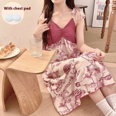 Sleeping women's mid to long style with chest cushion cloud cotton loose fit plus size slimming Korean version suspender_voghion.com