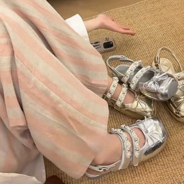 bow Pearl Sandals 2025 Spring Summer New Silver Mary Jane With Skirt Women's Stunning Ballet Shoes Fashion Versatile Leisure Daily Lightweight_voghion.com