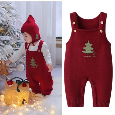 Alyce-xiyue1baobao Cross-Border New Ins Christmas Tree Baby Double Button Wine Red Knitted Overalls Jumpsuit Warm Wool Pants_voghion.com