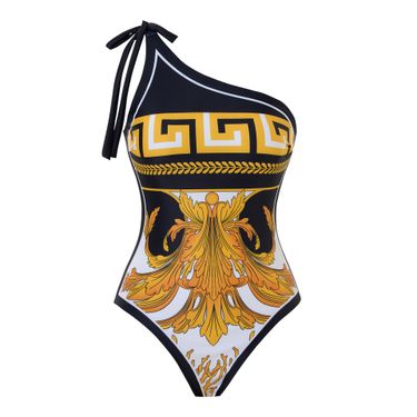 Women's Clothing New Fashion Sexy Swimsuit Female One Piece Triangle Oblique Shoulder Polyester Printed Lace Up Swimsuit_voghion.com