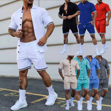 Men's Clothing 2024 Summer New Men's Trendy Lapel Suit Solid Color Short-sleeved Shirt Two-piece Set In Stock_mkmklike.com