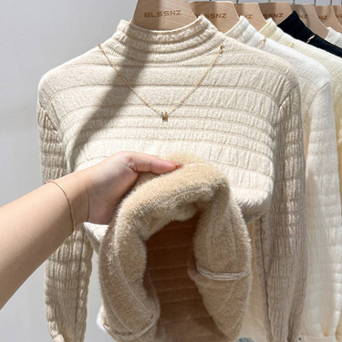 Women's Fleece-Lined Knit Sweater Semi-Turtleneck Thermal Long Sleeve Top For Winter (Includes Necklace) - Soft Faux Mink Fabric, Slim Fit, Pure Color_voghion.com