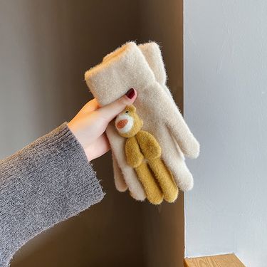 Cute Bear Knitted Gloves Women's Winter Thickened Warmth Wool Can Touch Screen Winter Cycling To Prevent Cold_voghion.com