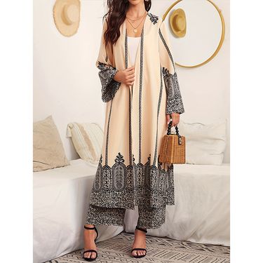 Women's Clothing Elegant Printed Coat Pants Set Ethnic Embroidered Belted Casual Outfit Muslim Sets_voghion.com