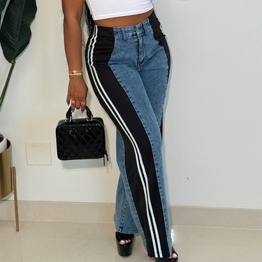 Women's Clothing new fashion temperament splicing striped casual high waist wide leg denim trousers price_voghion.com