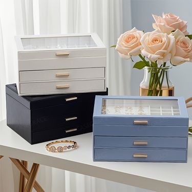 1pc CASEGRACE Large 26.42cm Transparent Flip-Top Jewelry Organizer Box - Double Drawer Leather Storage_voghion.com