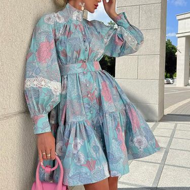 Women's Clothing new fashion temperament large size women's high collar printed shirt dress_voghion.com