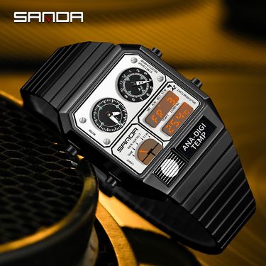 SANDA LED Electronic Square Men's Youth Casual Multi-function Thermometer Stopwatch Chronograph Men’s Watch_voghion.com