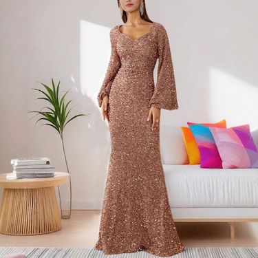 2025 Cross border New Fashion V neck Hip wrapped Sequined European and American Dress Mid waist Trumpet Sleeve Long Evening Dress_voghion.com