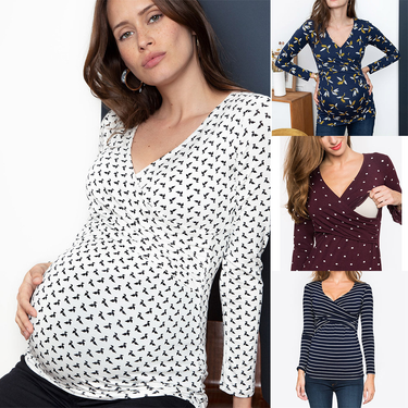 Spring and Autumn Pregnant Women's Deep V-neck Long Sleeve Printed Cross Breastfeeding Care T-shirt_voghion.com