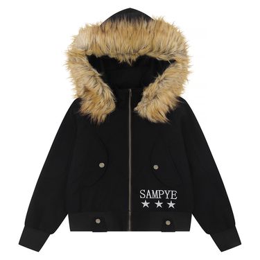 Unisex Streetwear Jacket – Detachable Fur Hood Cropped Parka With Zip Closure & Side Pockets (Black) – Oversized Cleanfit Style S-L"_voghion.com