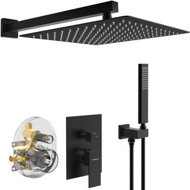 Male NPT Bathtub Shower Faucet Set, Waterfall Tub Faucet with 12-Inch Matte Black Rain Shower Head System_voghion.com