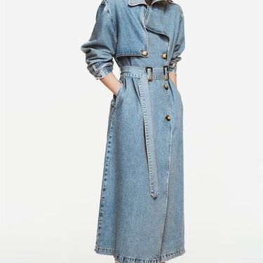 Oversized Denim Trench Coat For Women – Long Streetwear Jacket With Double-Breasted Buttons & Detachable Belt, Vintage Wash For Fall/Winter_ecoleips.com