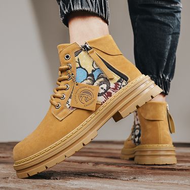 Men's Chunky Sole Side-Zip Ankle Boots - Classic British Style Leather Work Boots With Anti-Slip & Height Increase (Yellow, Khaki, Sand)_voghion.com