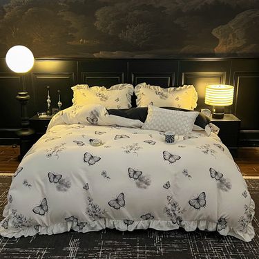 Princess Style Skin Friendly And Comfortable Double Layer Yarn Washed Bed Sheet With Ruffled Lace Trim_voghion.com