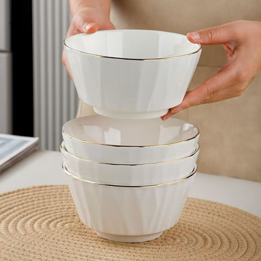 Huaiyi Ceramics Premium Tableware Set – Gold-Rimmed Heat-Resistant Ceramic Rice Bowls For Home Use_voghion.com