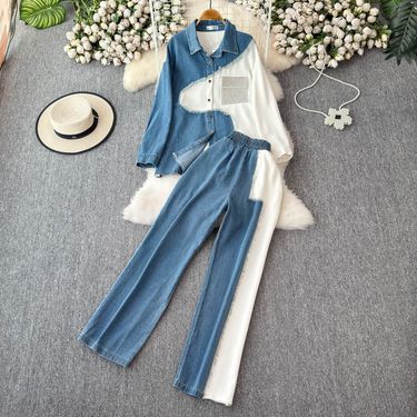 Women's Clothing Designer Lapel Patchwork Denim Shirt Long Sleeved Top Suit For Women High Waist Slim Color Matching Wide Leg Pants Two Piece Suit_voghion.com