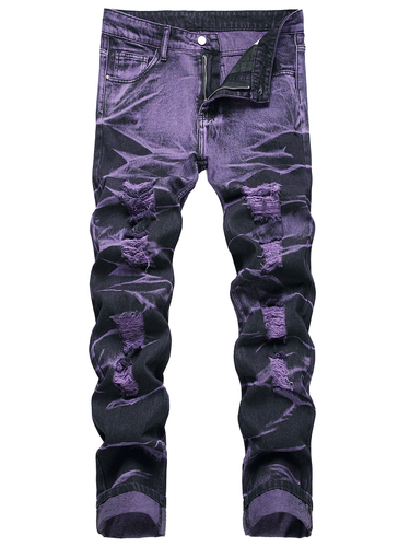 Men's Clothing High-Quality Trendy Personalized Purple And Black Ripped Denim Trousers_mkmklike.com
