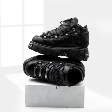 Punk Style Women Motorcycle Boots Woman Platform Leather Boots Men Gothic Ankle Rock Boots 2024 New Metal Decor Lace-up Shoes_voghion.com