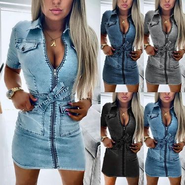Women's factory direct sale cross-border women's lace-up waist short sleeve zipper sexy pocket slim fit denim dress_viptrois.com