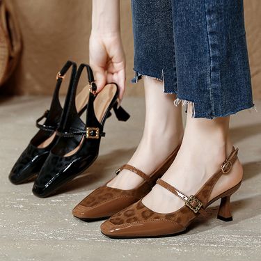 French Style Peep Sandals Leopard Print One Strap High Heels Women Thin Heel 2025 New Square Toe Open Back Single Shoes_voghion.com