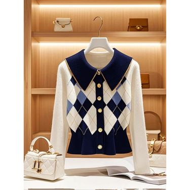 Women's Clothing chic blue and white contrast diamond knitted cardigan women's autumn new style small fragrance style waist sweater knitted top_voghion.com