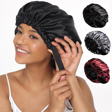 Ladies silk nightcap black satin curly cap Japanese buckle adjustable breathable warm round cap_voghion.com