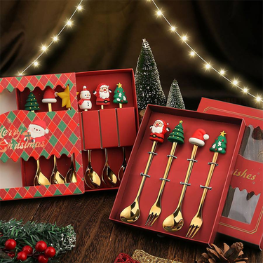 2Pcs/4Pcs Christmas Gift Elk Christmas Tree Dessert Spoon Cutlery Spoon Fork Set Fruit Fork Coffee Spoon Cutlery Christmas Gift_voghion.com