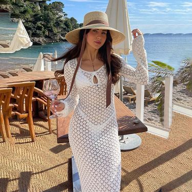 European And American Style Knitted Hollow Sleeve Sexy Jumpsuit Long Dress Sun Protection Beach Jacket Hooded Shirt_voghion.com