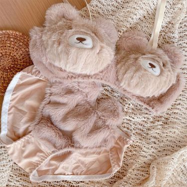Women's 2Pcs Furry Bra and Panty Set Bear Pattern Fuzzy Plush Wireless Brassiere Underwear Japanese Anime gerie_voghion.com