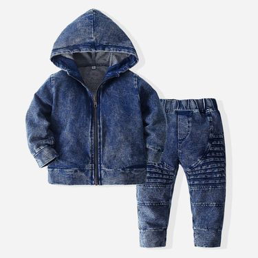 boys' denim suit 2021 spring new Korean style children's long-sleeved hooded zipper shirt two-piece set_voghion.com