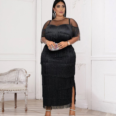 Stitched Multi-layer Tassel High Waist And Hip Black S-4XL Plus Size Women's Dress Party Dresses_voghion.com