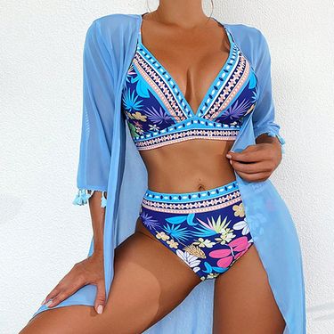 Women's printed bikini three-piece swimsuit mesh sunscreen beach skirt swimsuit female bikini_voghion.com