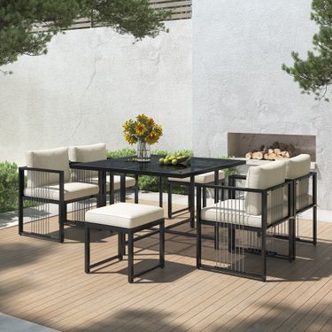 7-teiliges Outdoor-Esstischset Für 6 Personen, Tisch Mit Gehärteter Glasplatte_voghion.com