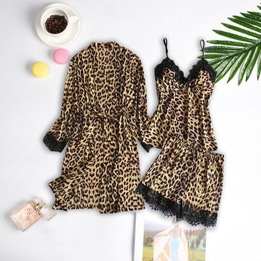Women's Clothing silk black leopard print home clothes pajamas set fashion lace pajamas set _voghion.com