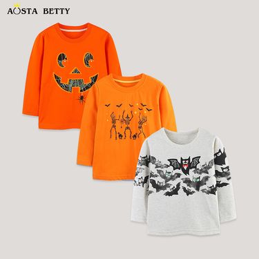 Cross-Border Source European And American Halloween Boys' T-Shirt Cartoon Bat Print Children's Long Sleeve Top One Piece_voghion.com