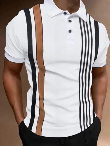 Men's Short Sleeved Striped Printed Button Polo Shirt T-Shirt Top For Men_voghion.com