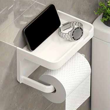 Portable No-Drill Toilet Paper Holder With Phone Shelf Space-Saving Adhesive Mount For Bathroom Modern White Design Easy Installation147_voghion.com