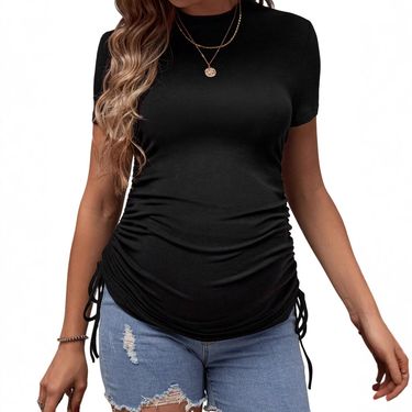Women's Clothing Fashion Sexy Temperament Thread Short Drawstring Round Neck Short Sleeved T Shirt Pregnant Tops_voghion.com