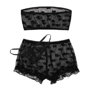 New In Sexy Women's Underwear Tube Top Shorts Thong Heart Pattern Frill Trim Sheer Lingerie Set Sexy Plus Size Lingerie_voghion.com