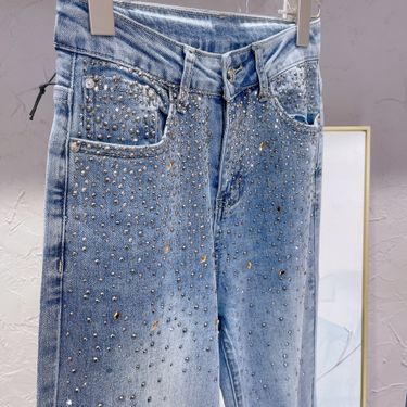 Women's 2024 spring style high quality stretchy starry sky bright diamond super soft denim straight pants_viptrois.com