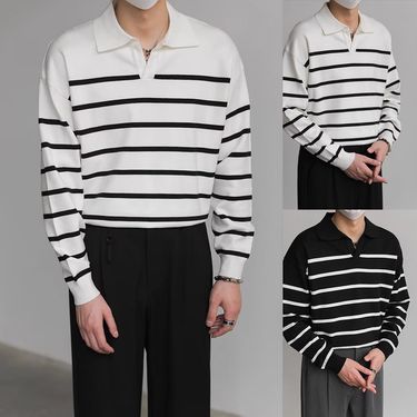 Polo Shirt V Neck Lapel Long Sleeved Knitted Sweater Men's Striped Light Luxury Business Old Money Style_voghion.com