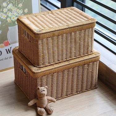 Pulan European Style Box With Lid For Bedroom, Clothing Organizer, Rattan Woven Outdoor Basket, Wardrobe_voghion.com