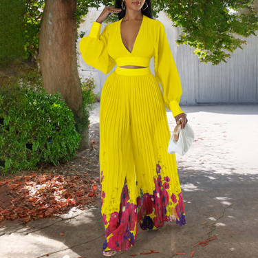 Women's Clothing Spring New Fashion Temperament Chiffon V Neck Pleated Top Printed Wide Leg Pants_voghion.com