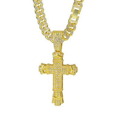 Hip Hop Cross Alloy Necklace with Large Gold Full Diamond Cuban Chain Trendy Men's Jewelry, personalized,Rapper| Cross Faith Pendant Necklaces_ipsvogv.com