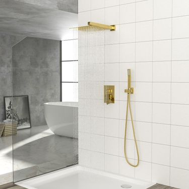 Dual Shower Head - 12 Inch Wall Mounted Square Shower System with Rough-in Valve,Gold_voghion.com