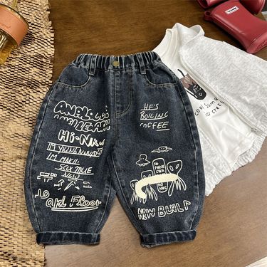 Green Little Guest Boys' Jeans Korean 2024 Edition Baby Cartoon Soft Cowboy Pants Children's Autumn Wear_voghion.com