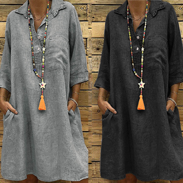 Women's Large 7/4 Sleeve Shirt Collar Dress _voghion.com