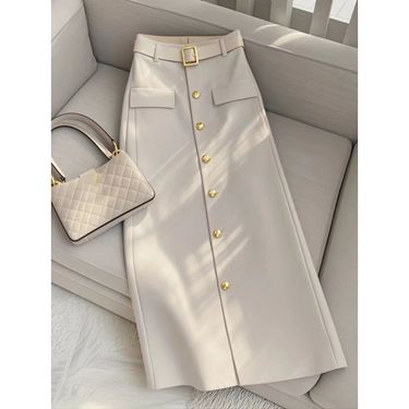 Beige A-line midi for women 2024 new style fashionable and sophisticated temperament pear shaped figure long skirt_voghion.com